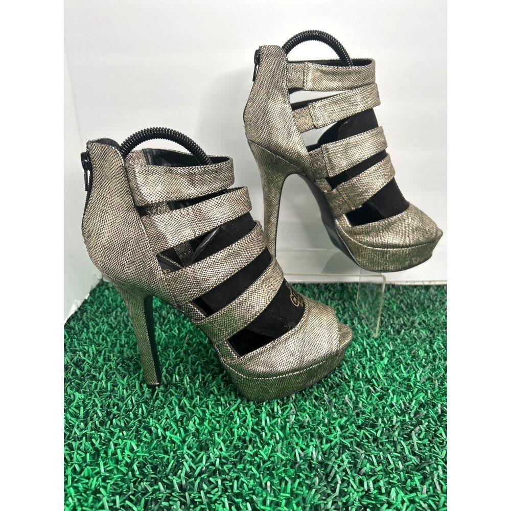 Qupid Gold Strappy‎ Platform Stiletto Heels Peep Toe Size 8